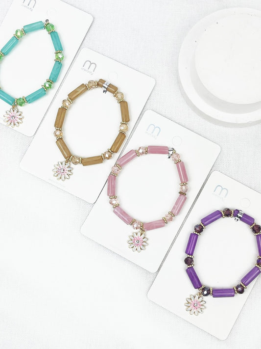 Tubula Bead Glass Bracelets With Flower Pendant