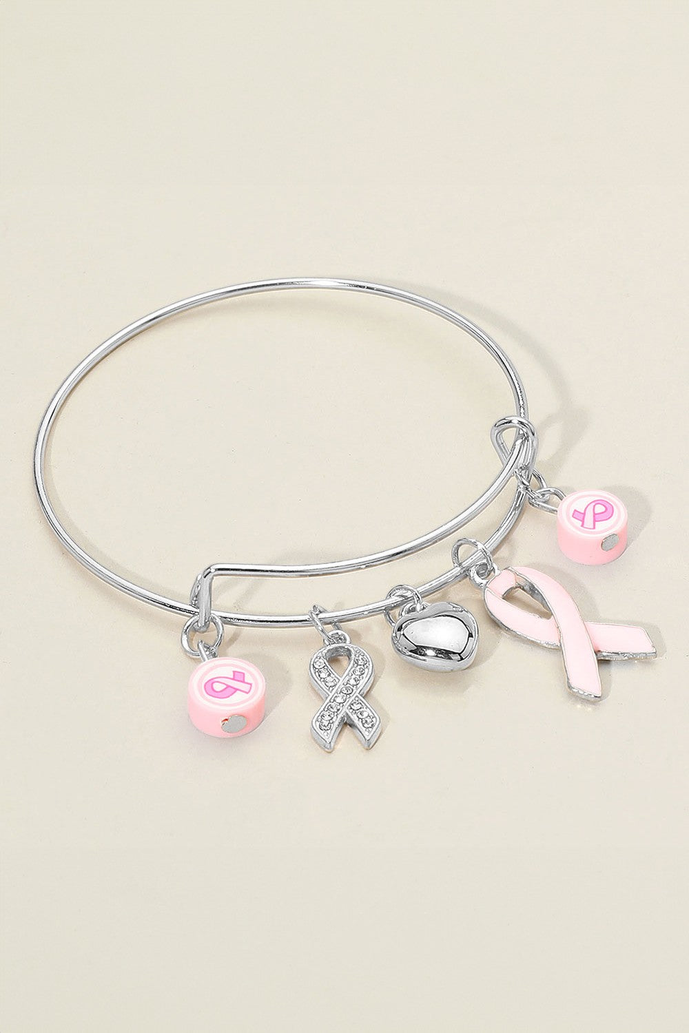 Pink Ribbon Heart Charm Bangle Bracelets