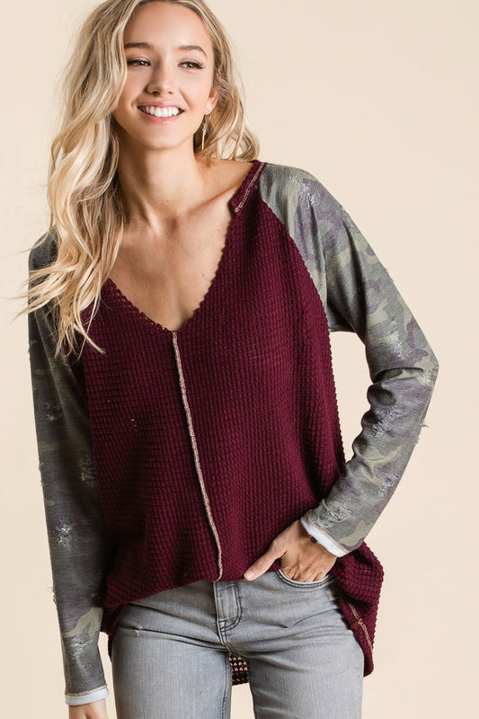 Popcorn Waffle Top With Contrast Stitching