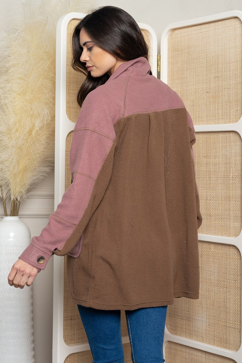 Color Block Button Down Fleece Jacket