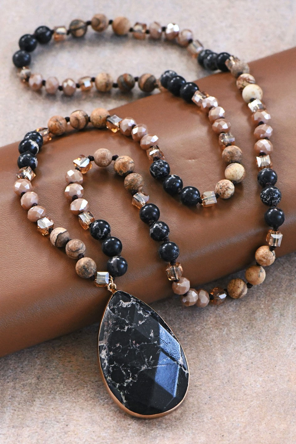 Natural Stone Bead Necklace With Stone Pendant