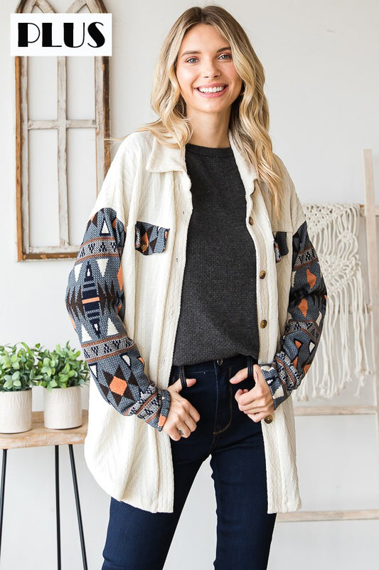 Curvy Aztec Contrast Button Down Top