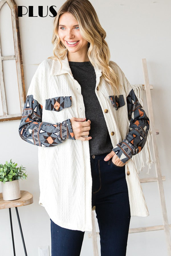 Curvy Aztec Contrast Button Down Top