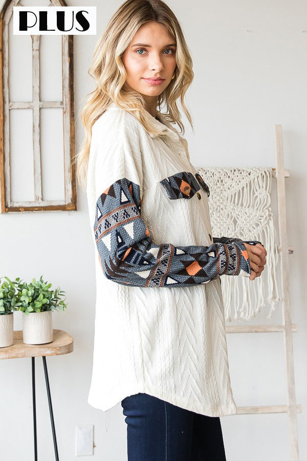 Curvy Aztec Contrast Button Down Top