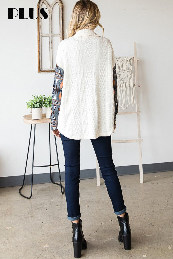 Curvy Aztec Contrast Button Down Top