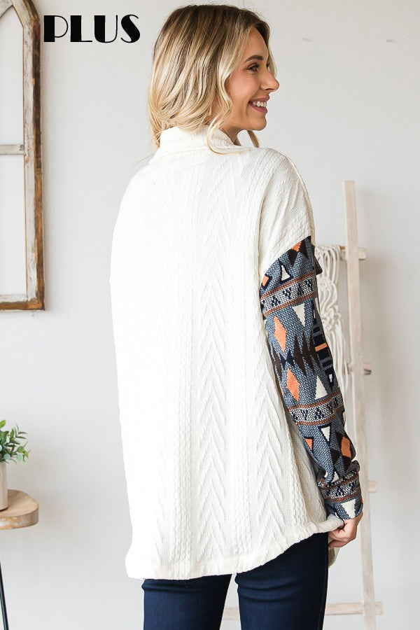 Curvy Aztec Contrast Button Down Top