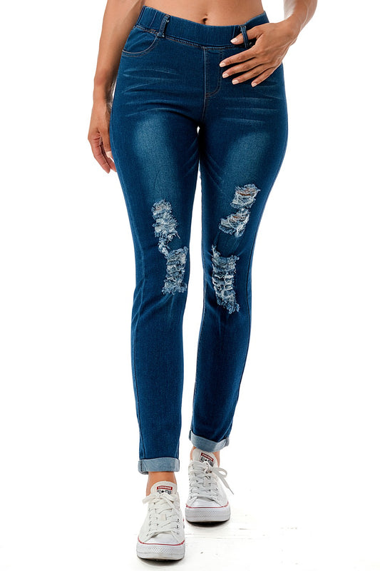Distress Pull On Denim Mammy Jeans