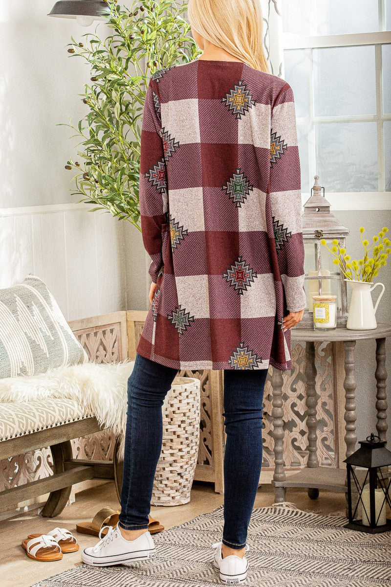 Plaid And Medallion Open Cardigan