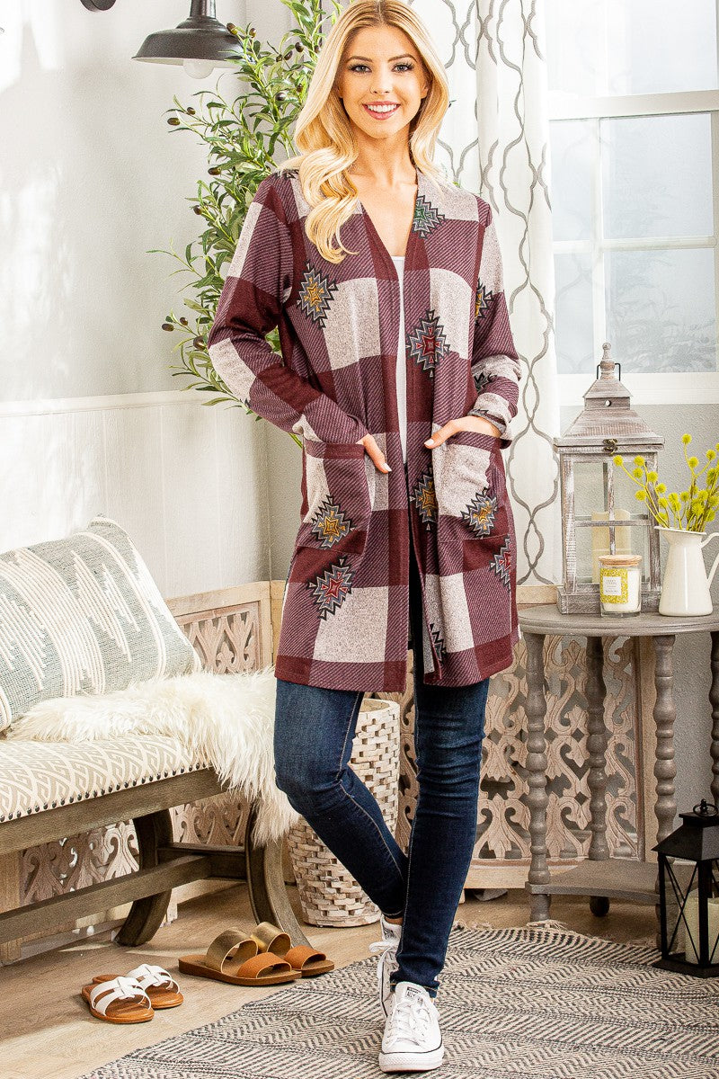 Plaid And Medallion Open Cardigan