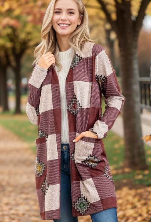 Plaid And Medallion Open Cardigan