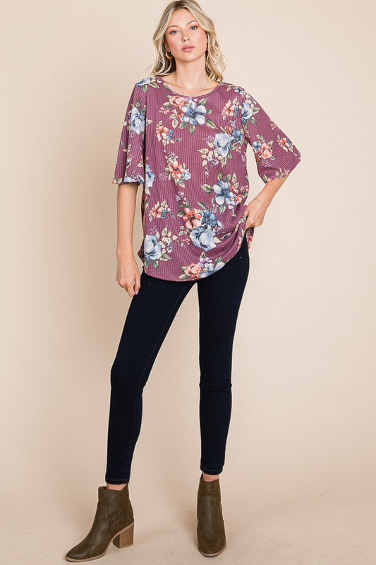 Floral Print Waffle Knit Top