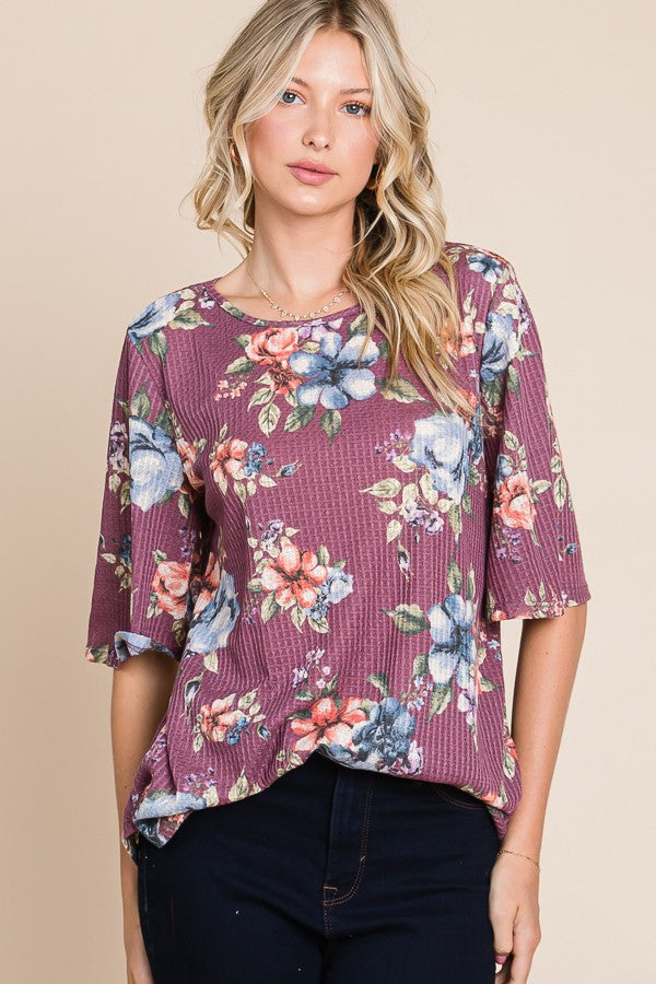 Floral Print Waffle Knit Top
