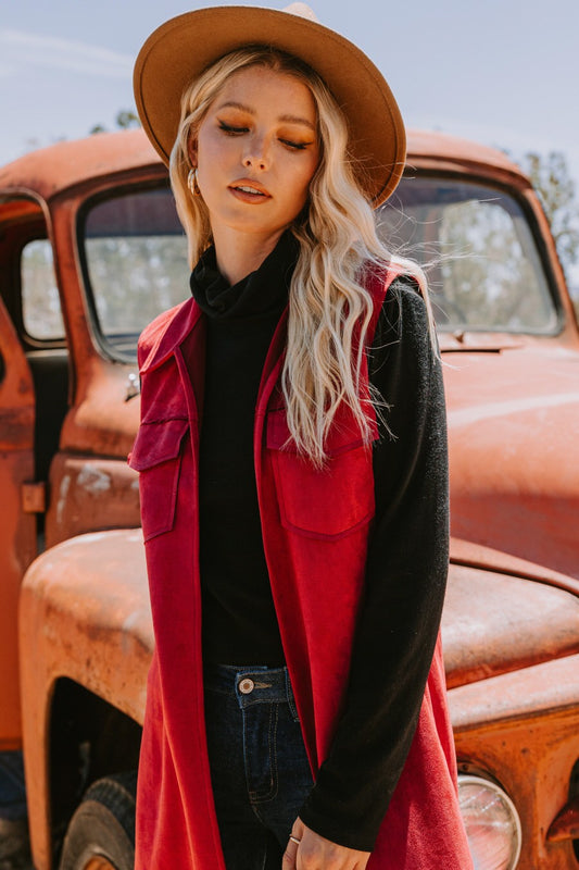 Fringe Hem Solid Suede Long Vest