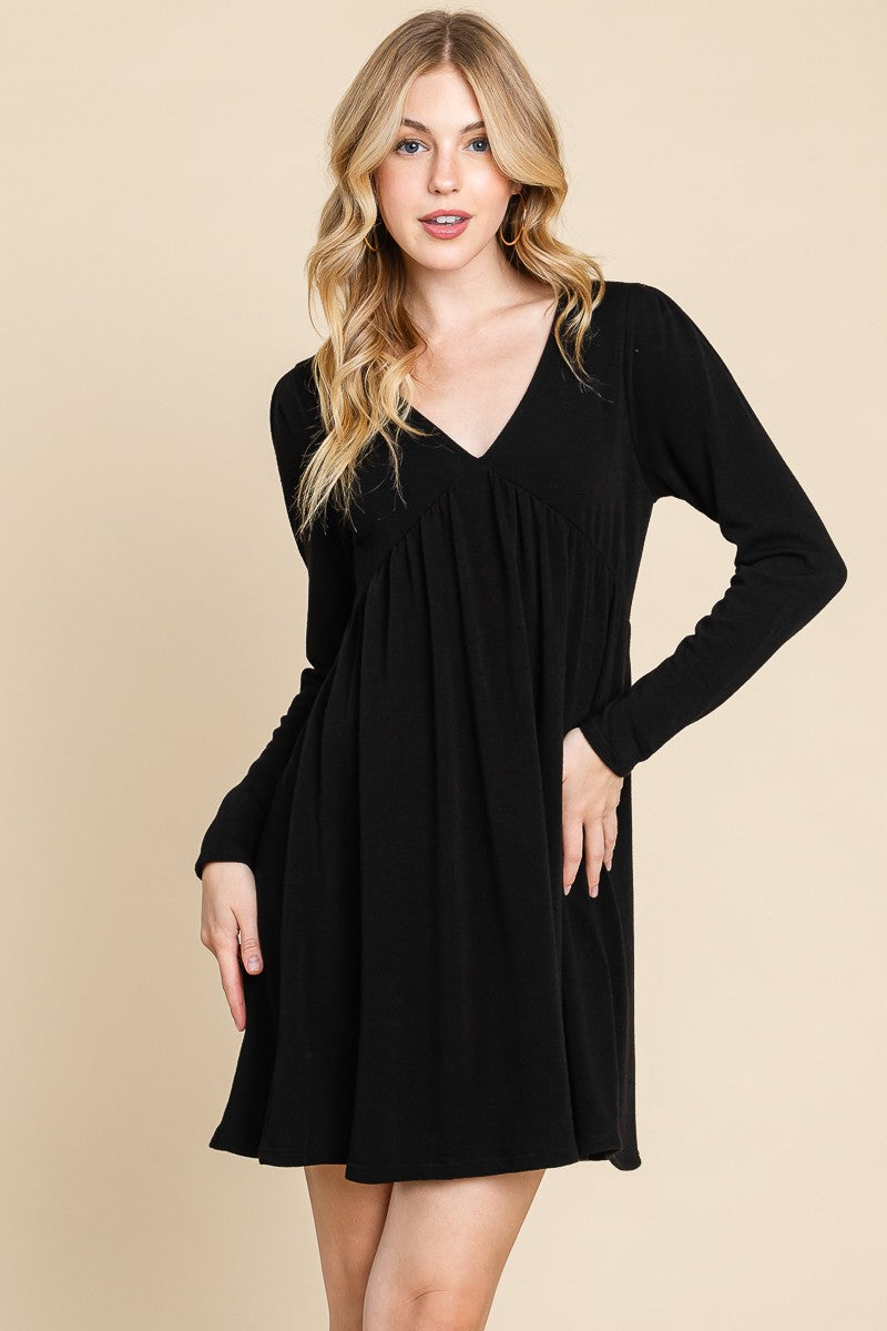 Plus Size Solid French Terry V Neck Swing Dress
