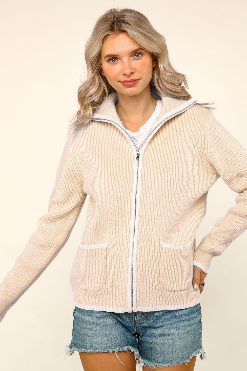 High Neck Zip Up Sweater Cardigan With Pocket