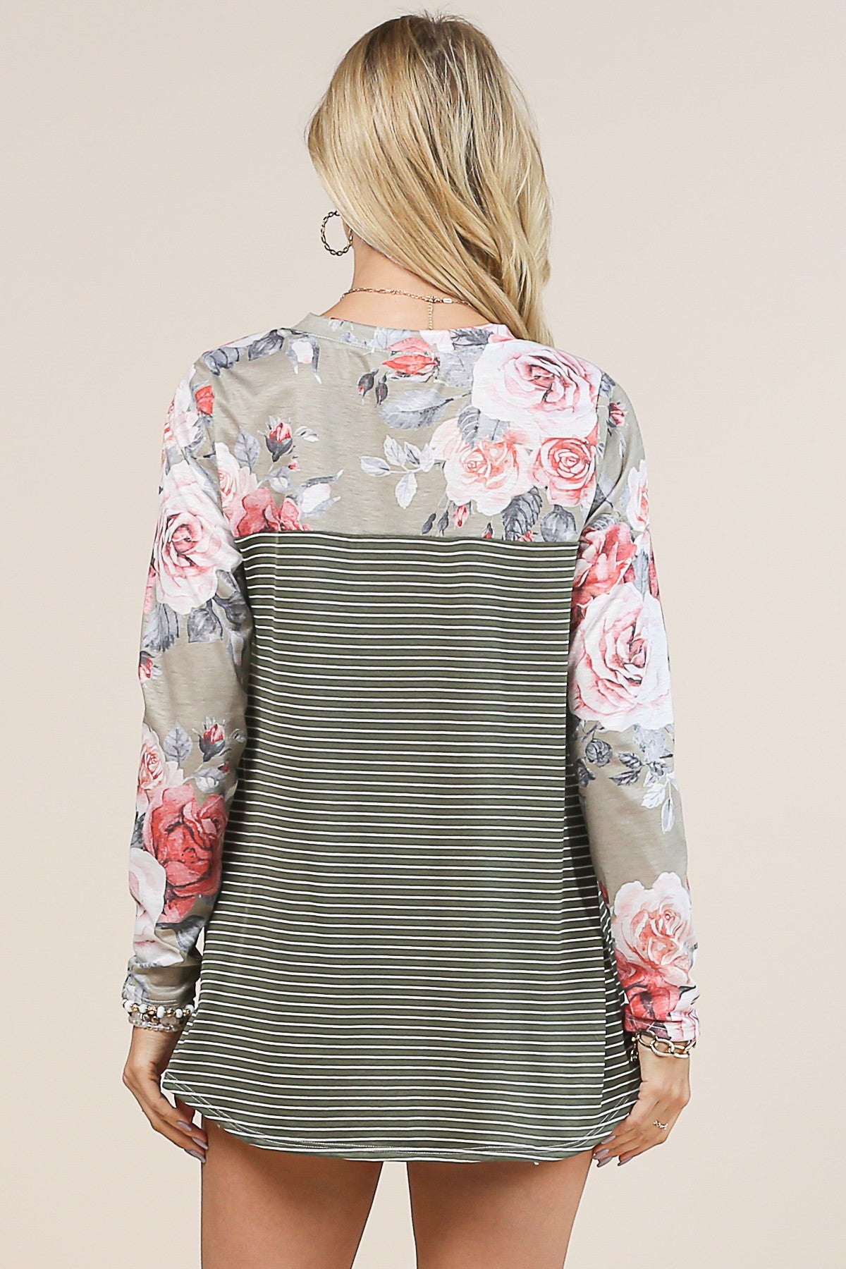 Floral Print Striped Contrast Long Sleeve Top