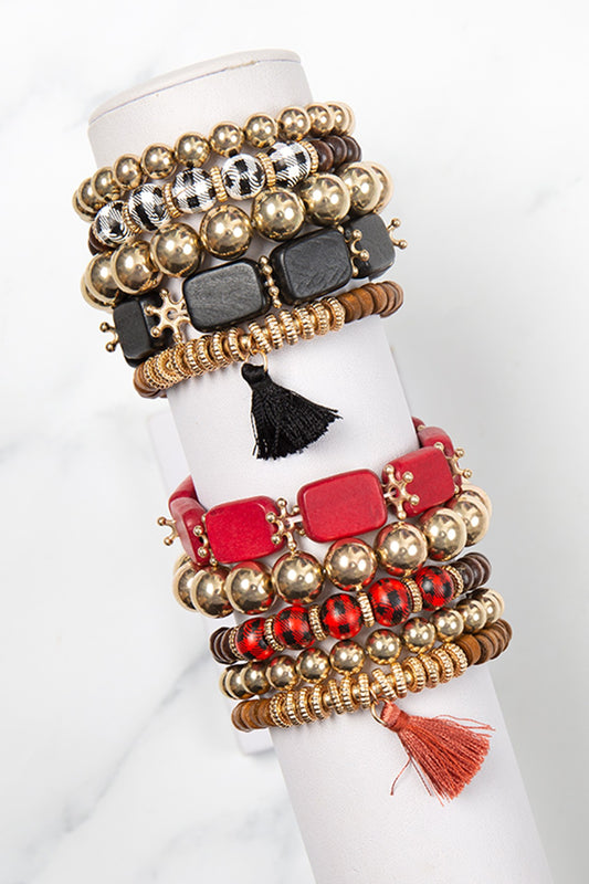 Check Pattern Wood Square Bead Tassel Bracelet Set