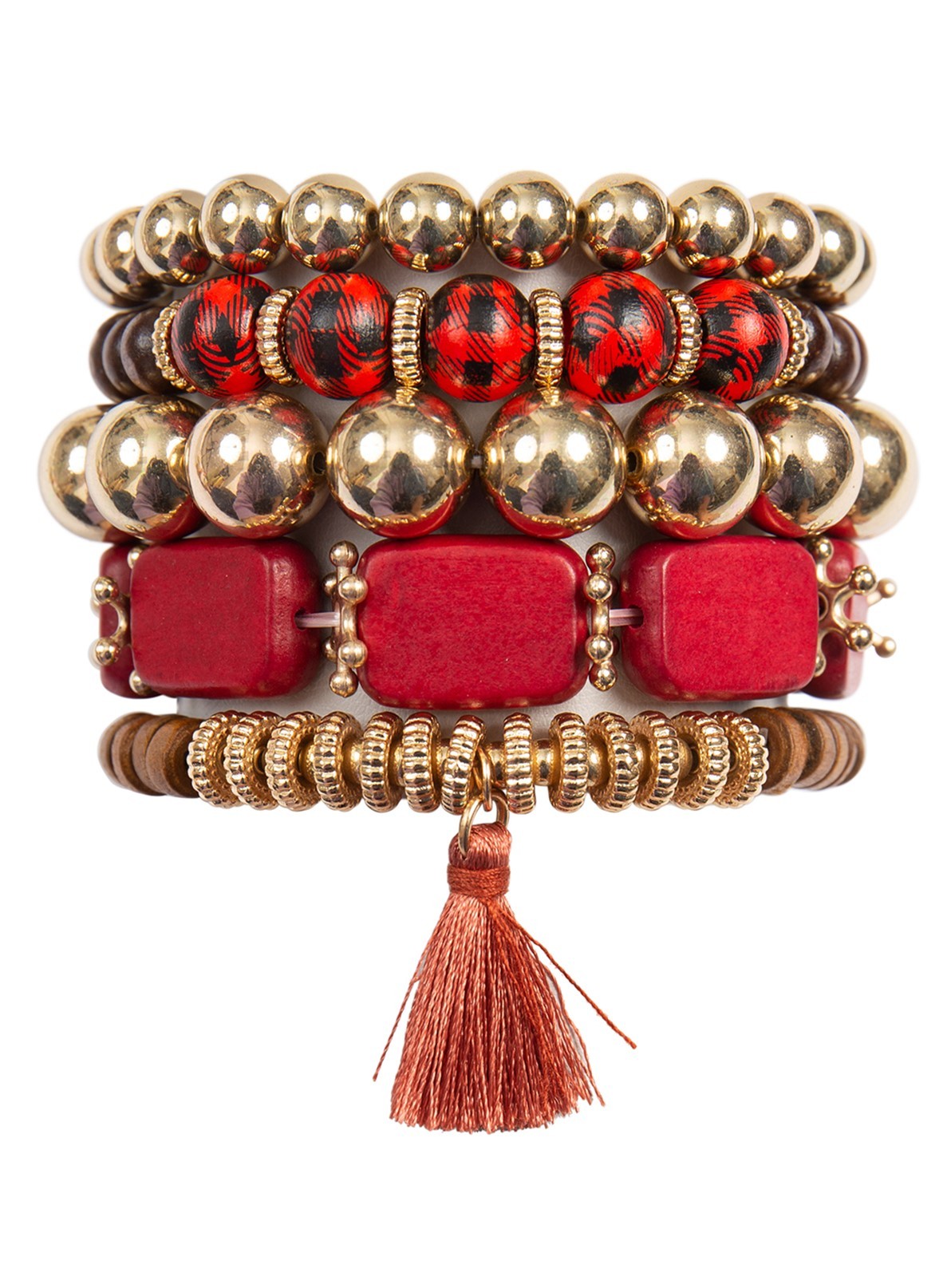 Check Pattern Wood Square Bead Tassel Bracelet Set