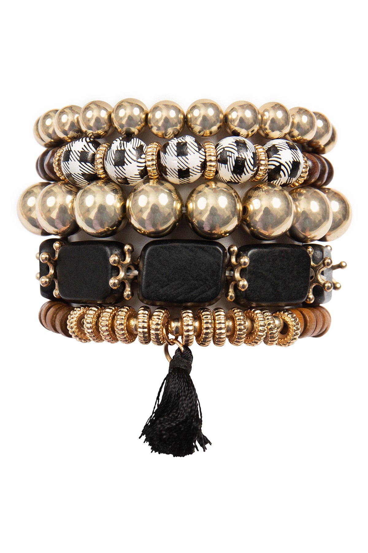 Check Pattern Wood Square Bead Tassel Bracelet Set