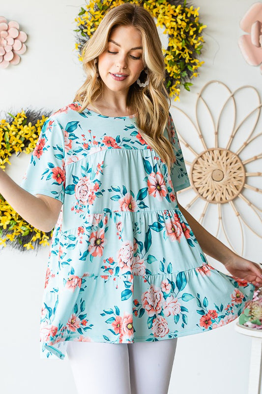 Short Sleeve With Shirring Floral Tiered Top