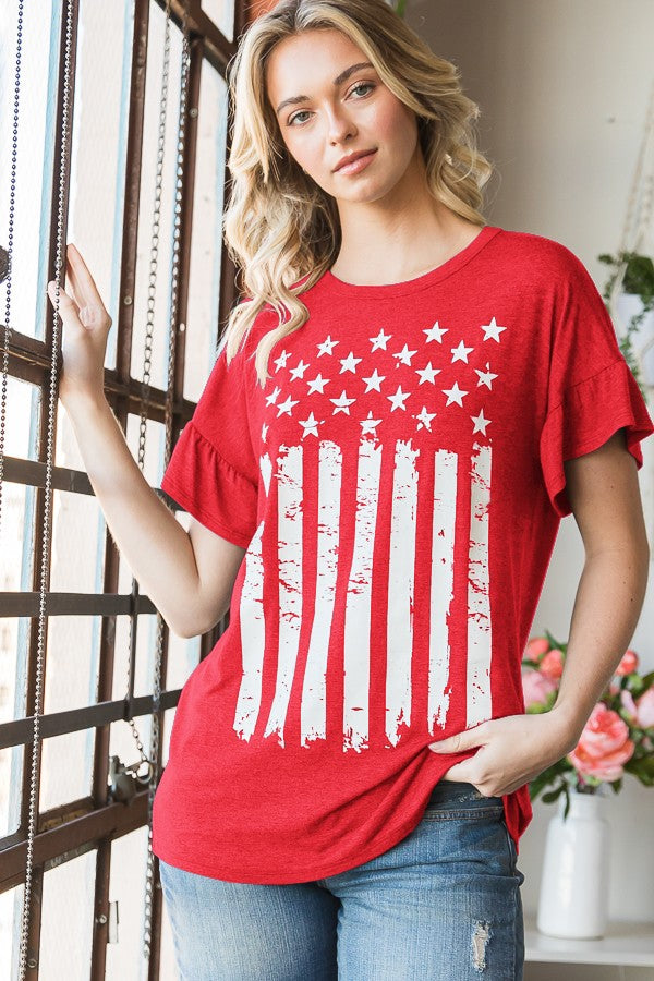 Dolman With Ruffled Solid Top With Flag Theme