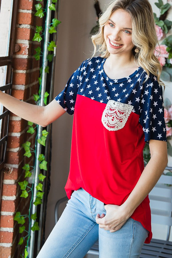 Solid And Star Top With Lace Pocket