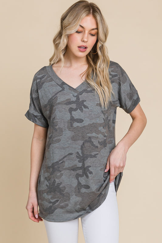 V-neck Camouflage Print Tunic
