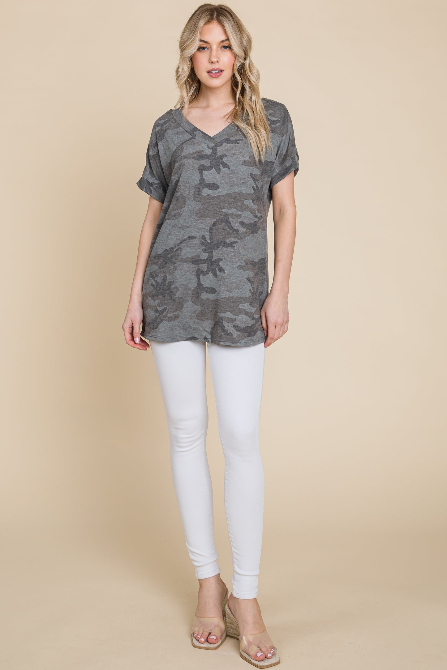 V-neck Camouflage Print Tunic