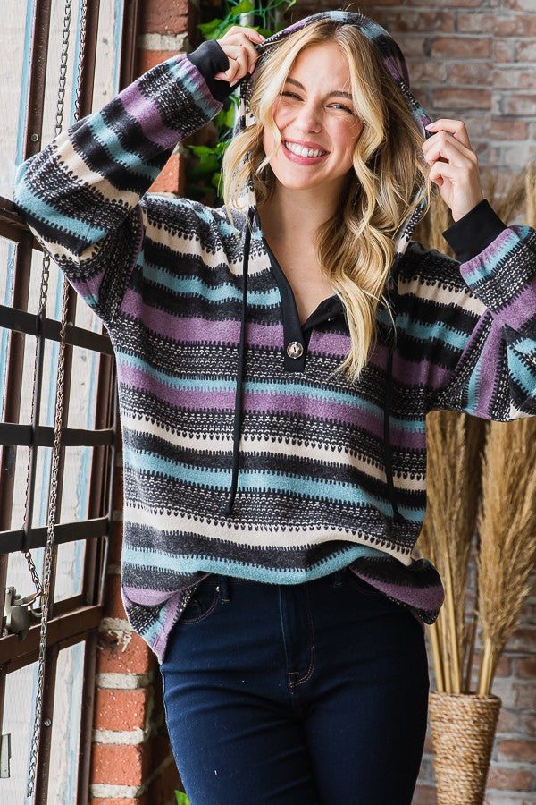 Drawstring Hood Stripe And Solid Hoodie Top