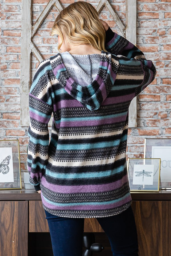 Drawstring Hood Stripe And Solid Hoodie Top