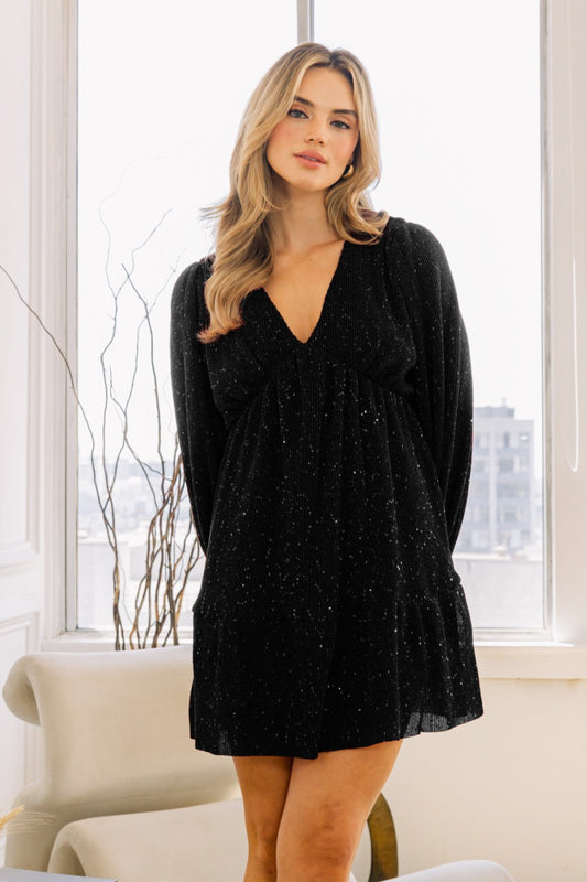 Lurex Narrow Pleated V-neckline Mini Dress