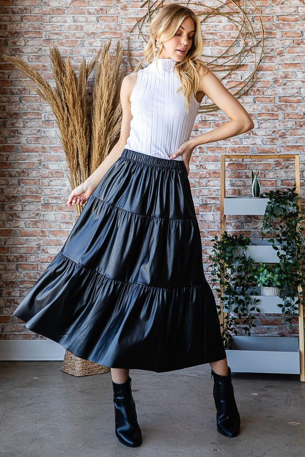 Faux Leather Tiered Midi Skirt