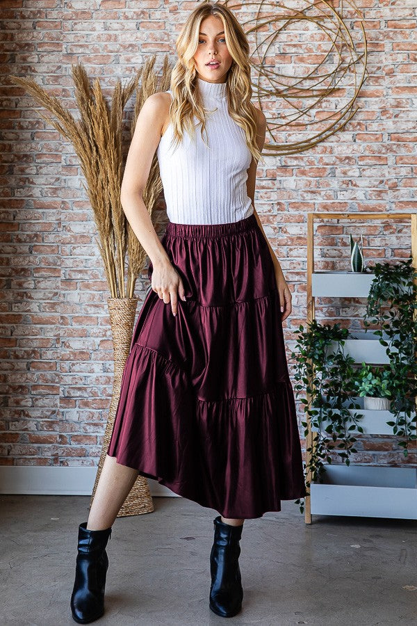 Faux Leather Tiered Midi Skirt