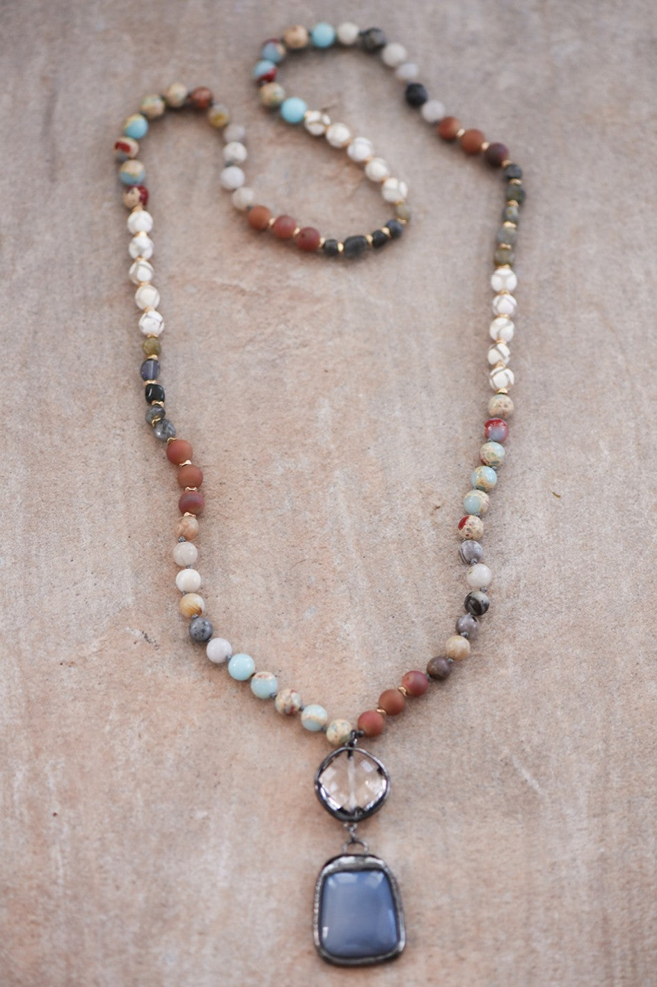 Natural Stone Bead Necklace With Stone Pendant