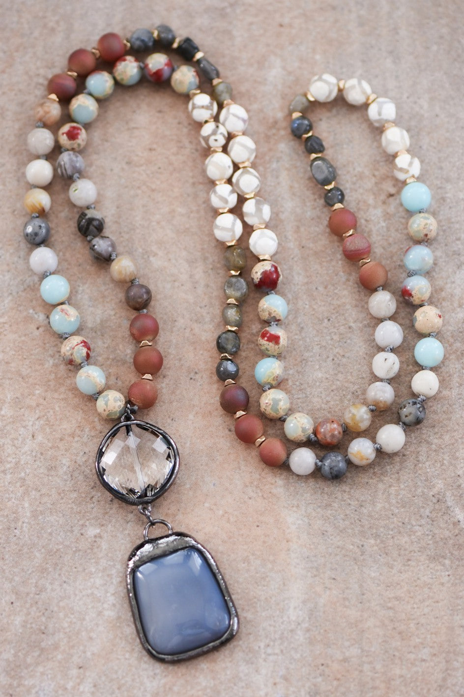 Natural Stone Bead Necklace With Stone Pendant