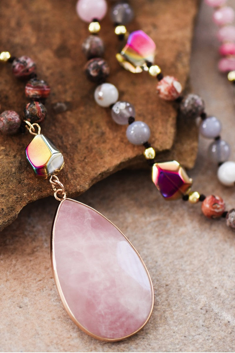 Natural Stone Bead Necklace With Stone Pendant