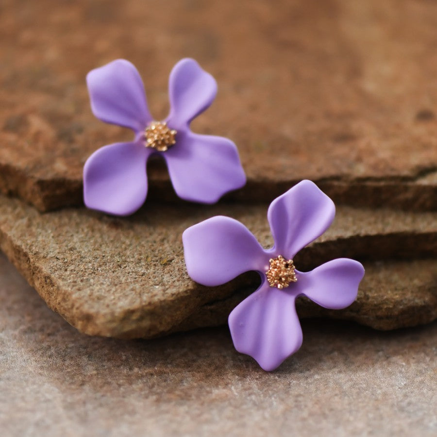 Purple Painted Metal Flower Stud Earrings