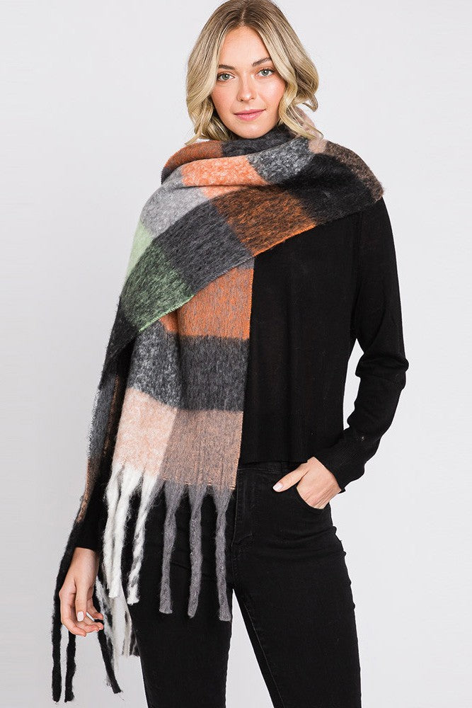 Multi Colored Plaid Check Fringe Oblong Scarf