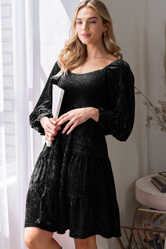 Smocked Bodice Tiered Velvet Dress