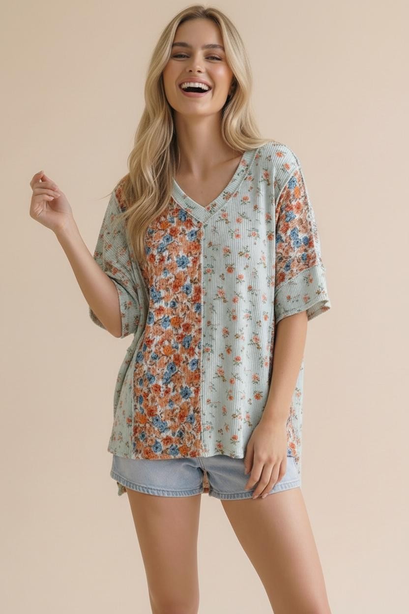 Floral Ribbed Reverse Stitch Knit Top