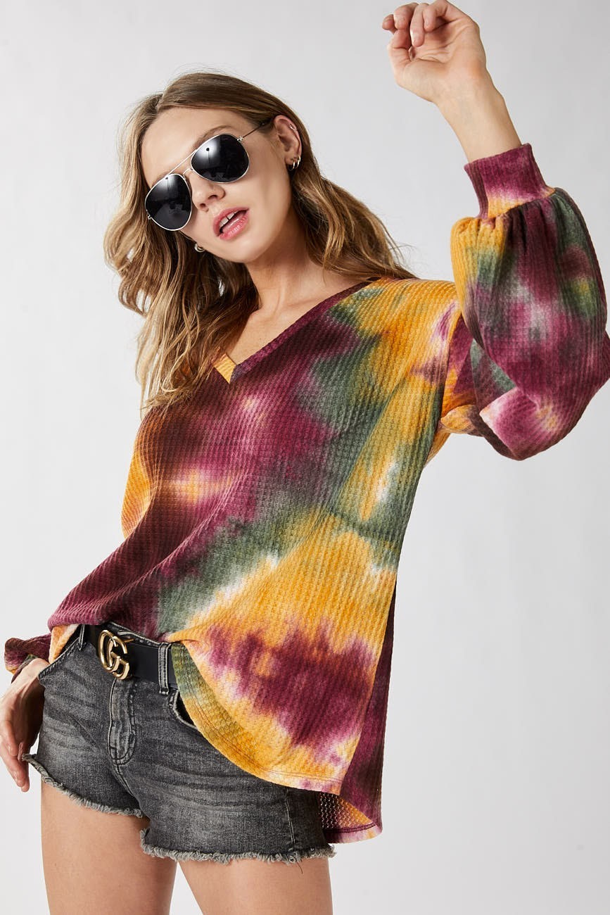 Tie Dye Thermal Waffle Knit V Neck Top