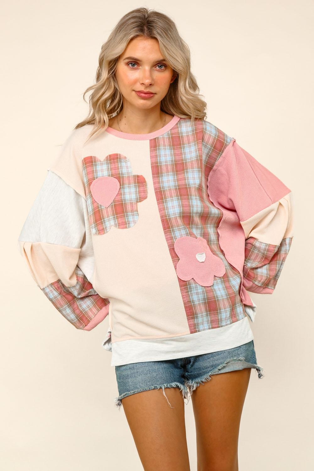 Plaid Woven Solid Textured Knit Pullover Top