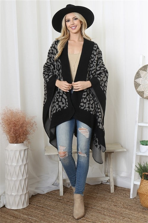 Border Line Leopard Print Warmer Open Front Kimono