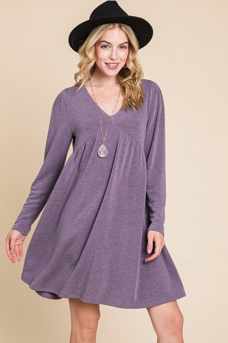 Plus Size Solid French Terry V Neck Swing Dress