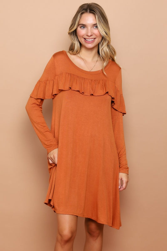Solid Flare Dress With Ruffle Accent