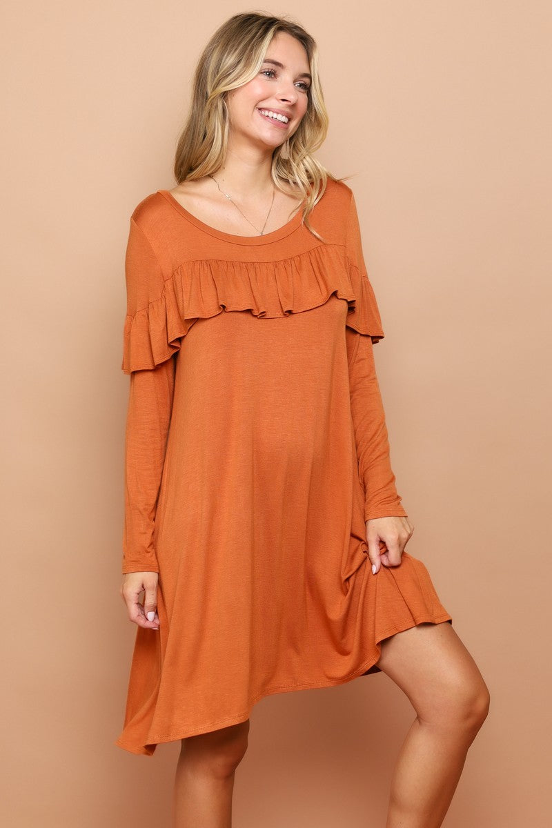 Solid Flare Dress With Ruffle Accent
