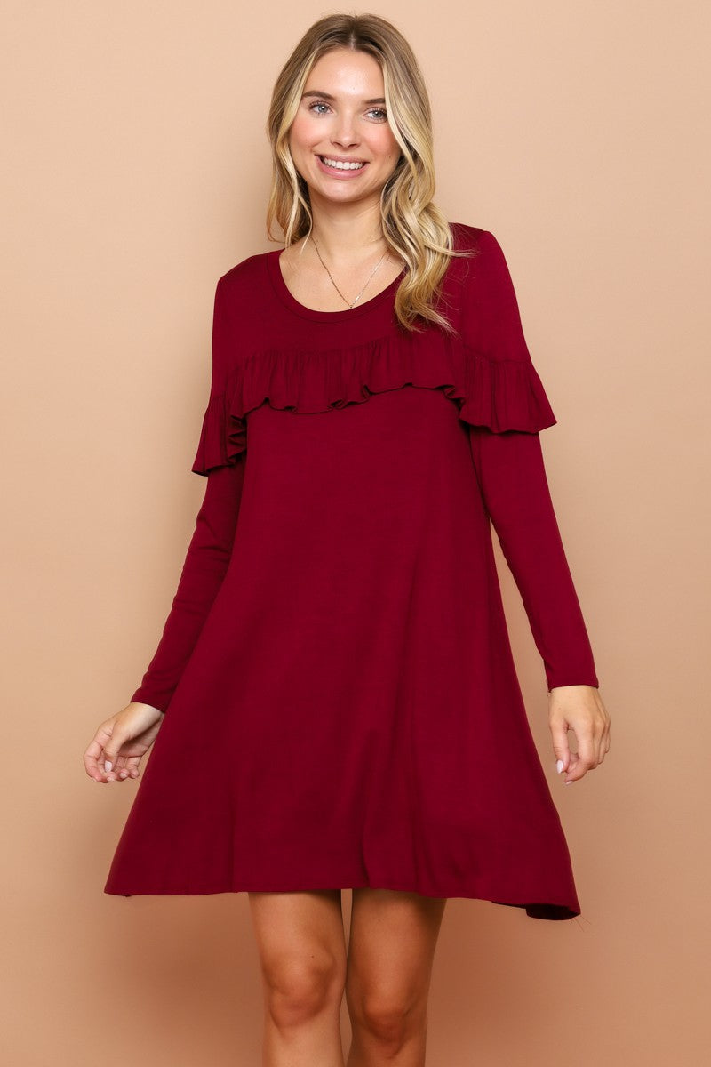 Solid Flare Dress With Ruffle Accent
