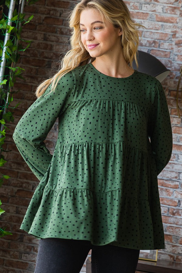 Long Puff Sleeve Polka Dot Tiered Top