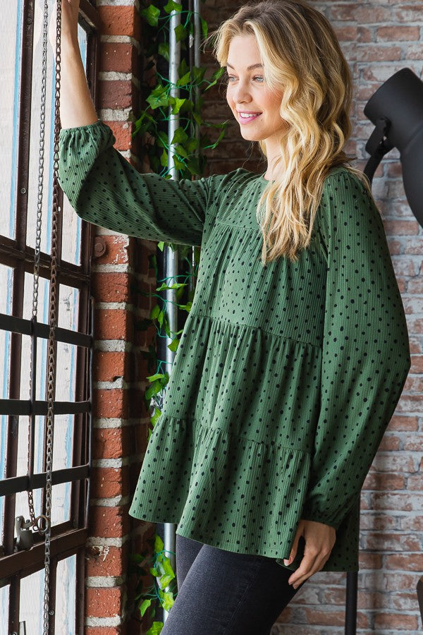 Long Puff Sleeve Polka Dot Tiered Top