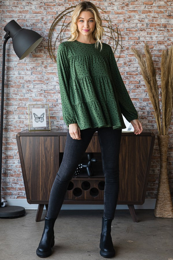 Long Puff Sleeve Polka Dot Tiered Top